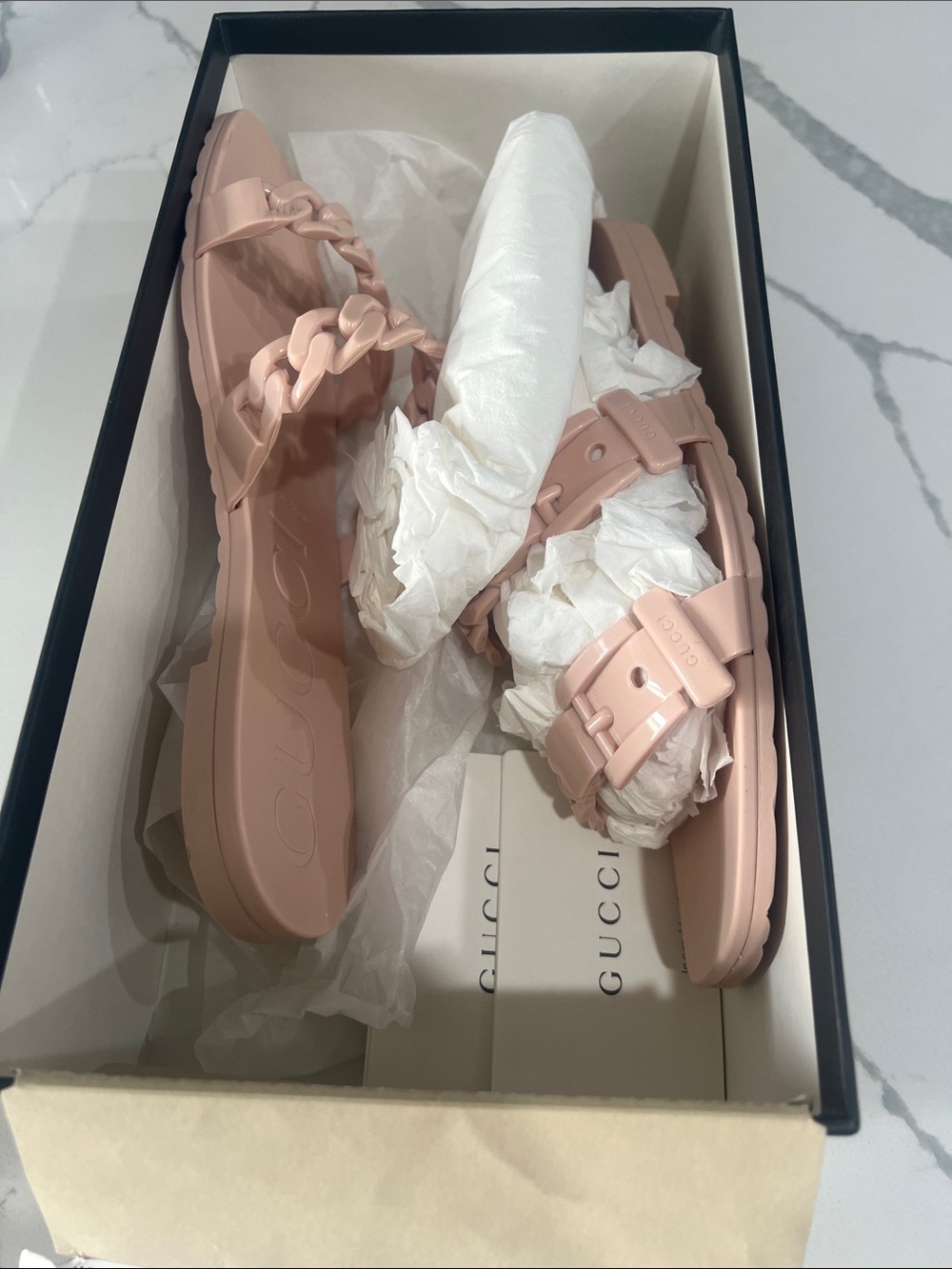 Gucci Women's Blush Pink Chain-Link Double Strap Slide Sandals - Picture 11 of 11